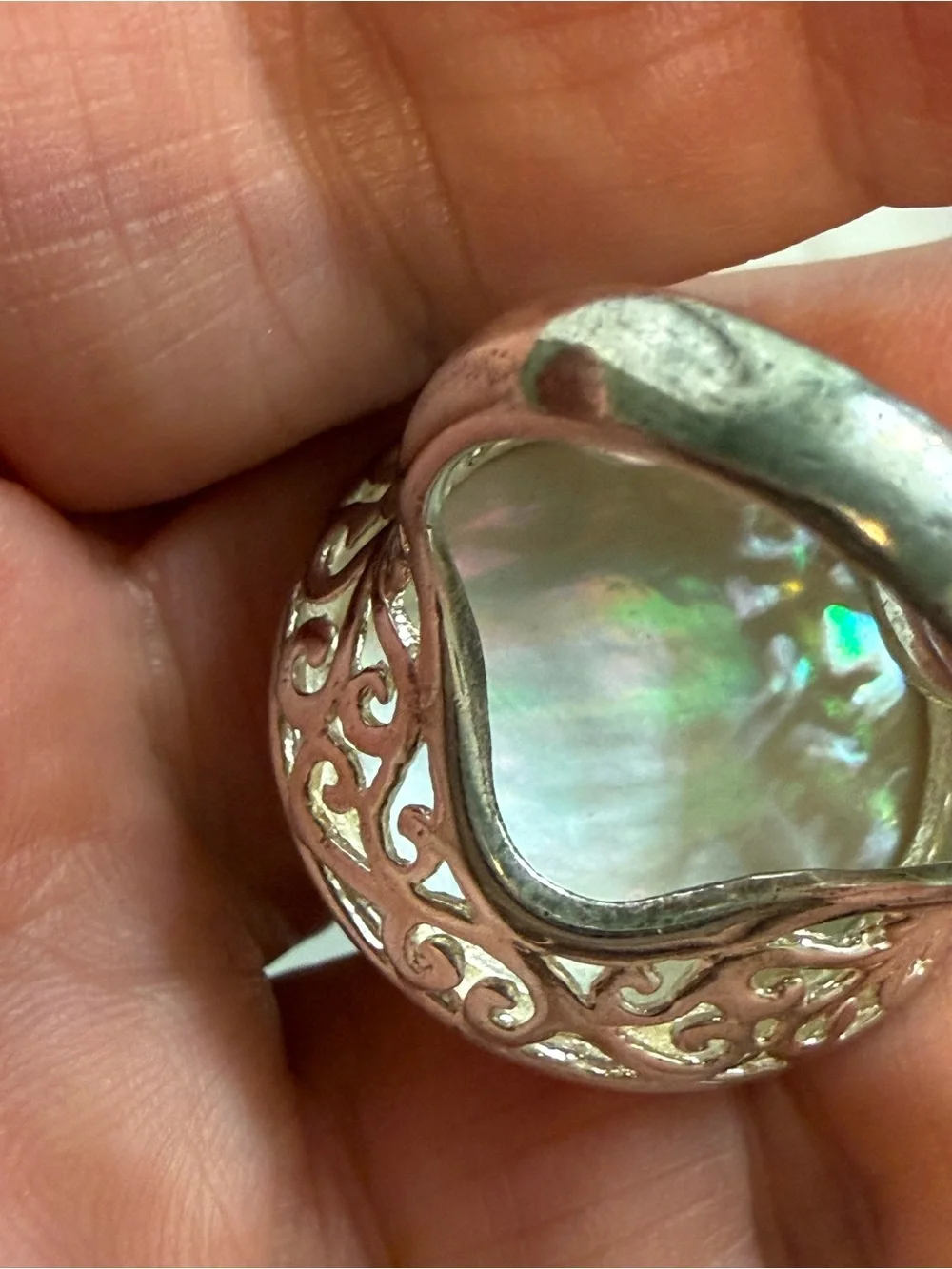 Sterling Silver 925 Filigree MOP Faceted Dome Ring Size 6.5 13 Grams
